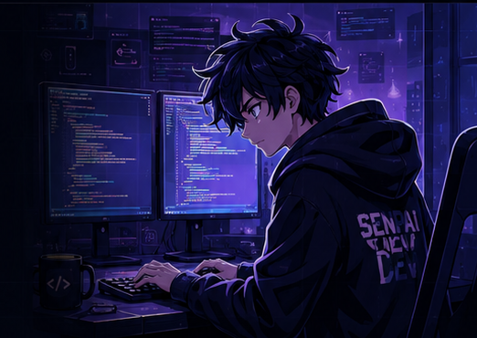 Anime developer working at a neon code desk